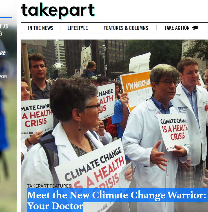 Takepart cover and headline, with doctors in white coats marching in People's Climate March.
